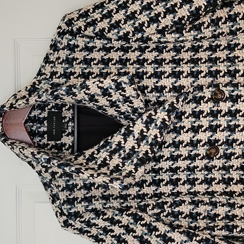 ANN TAYLOR Teal-Blk-Cream Tweed Houndstooth Coat- LIKE NEW - Picture 3 of 9